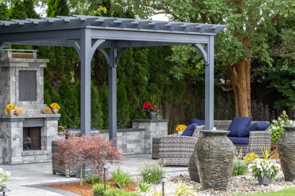 Landscape featuring pergola for backyard patio oasis